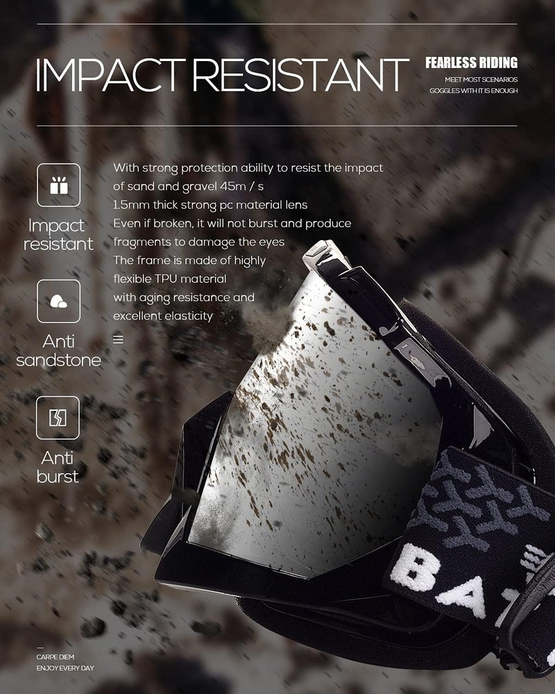 BATFOX Kids Youth Dirt Bike Goggles-Motocross & ATV Riding Goggles for Women,Youth,UV400 Impact-Resistant PC Lens,Anti-Slip Strap,Lightweight MTB,UTV,OTG,MX Gear with Pouch & Cloth - Image 4